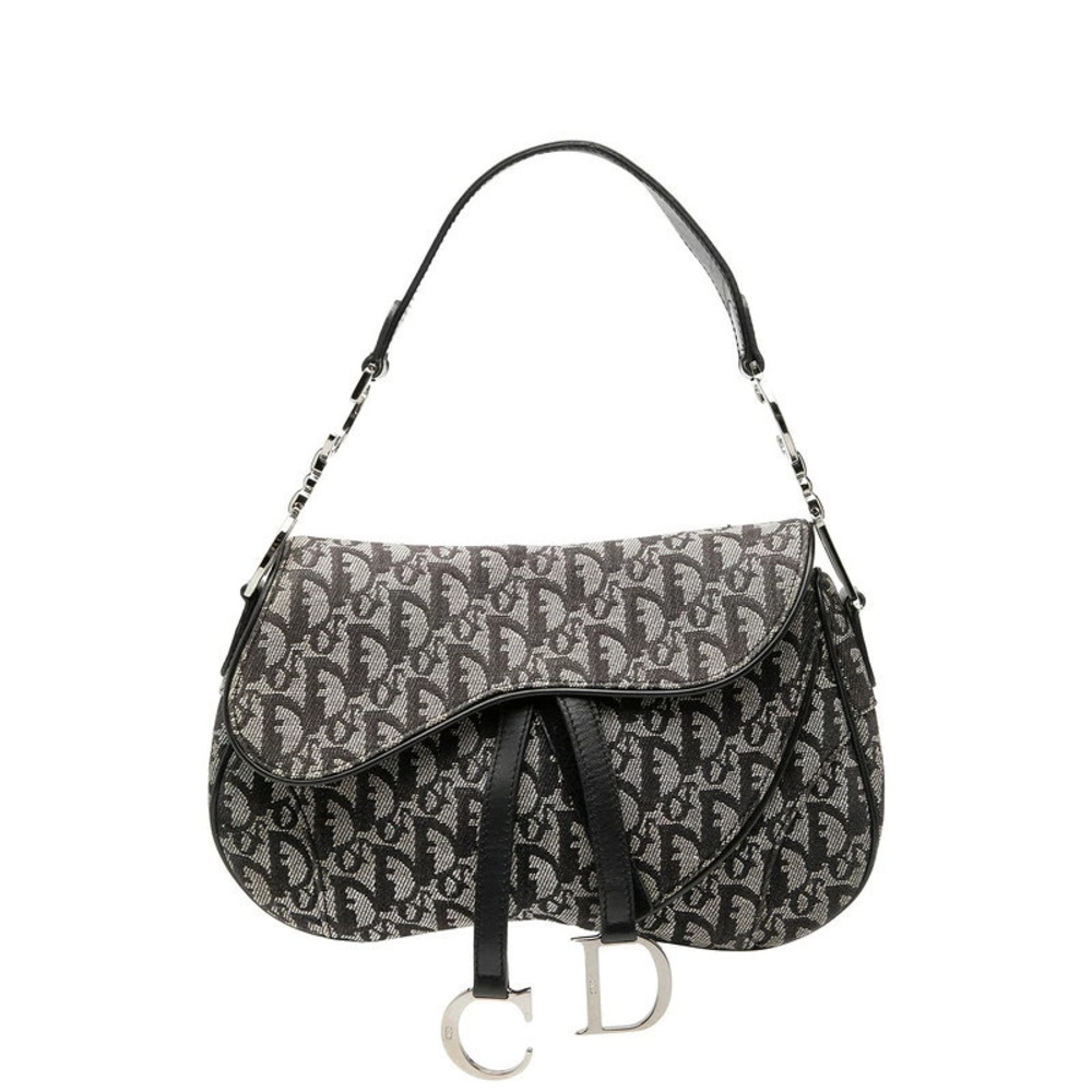 Christian Dior Trotter Saddle Handbag Hobo Black Gray Canvas Leather